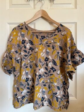 Womens Linen Floral Short Sleeve Blouse